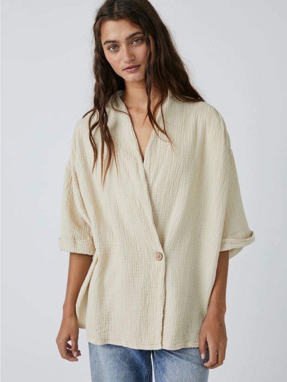 We The Free Cream Textured Button-Front Oversized Shirt extra small